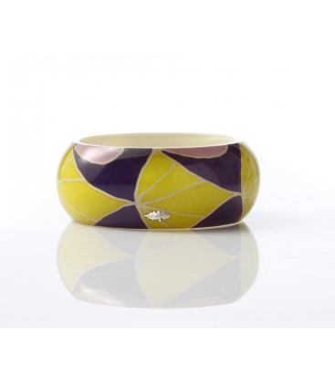Antonella Piacenti, bracciale rigido large in resina naturale epossidica, seta e argento. Colore: Giallo/Viola BATIK jakarta