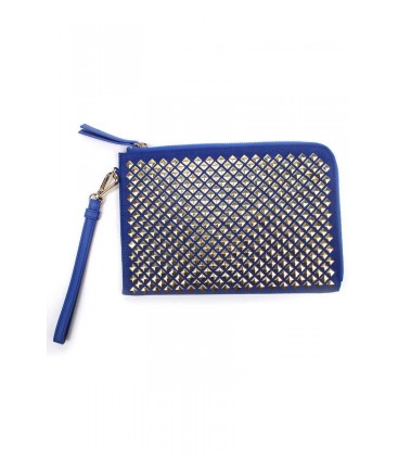 PINKO, pochette blu in pelle con borchie